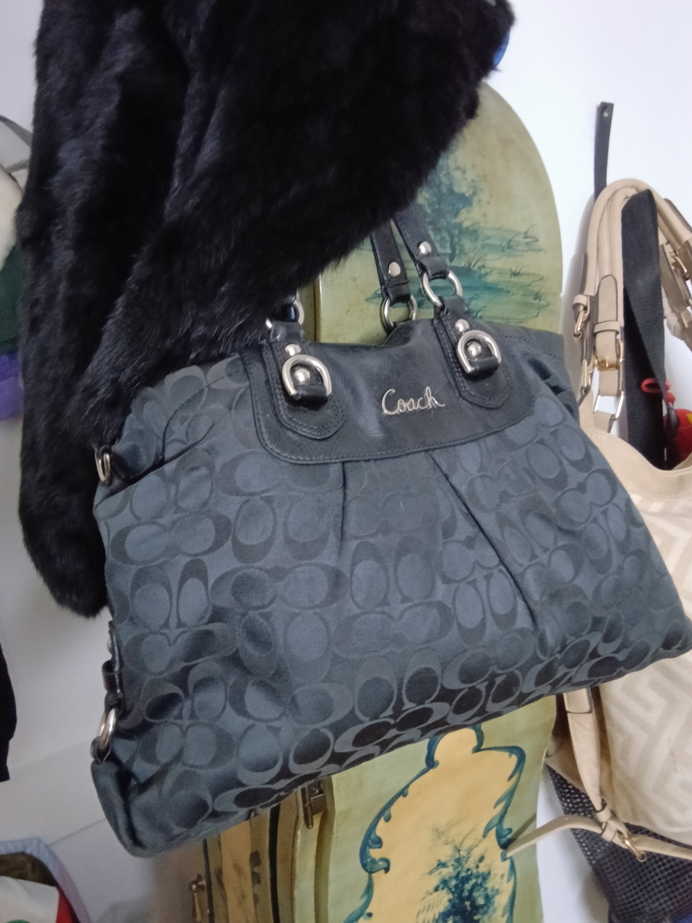 Coach Signature Black Sateen Pleated Satchel Handbag Silver Hardware